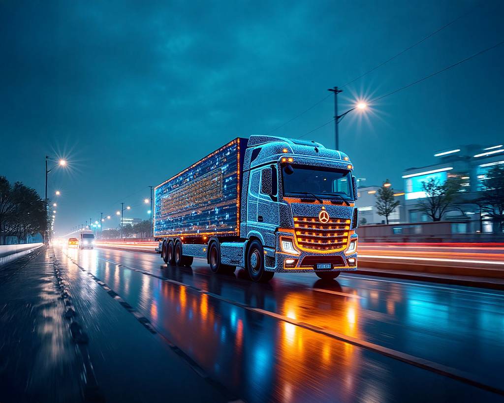 Futuristic truck with glowing blue and orange digital lines speeding on urban highway at night with blurred city lights.