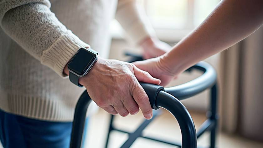 Close-up of elderly hands wearing a smartwatch gripping a walker, with caregiver’s hand gently resting on the arm in a bright room.
