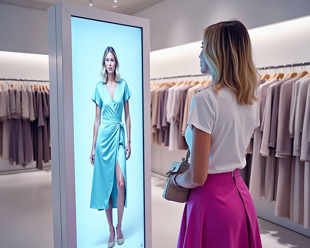 Woman in white top and pink skirt using digital dressing mirror showing light blue dress in minimalist pastel-toned retail space.