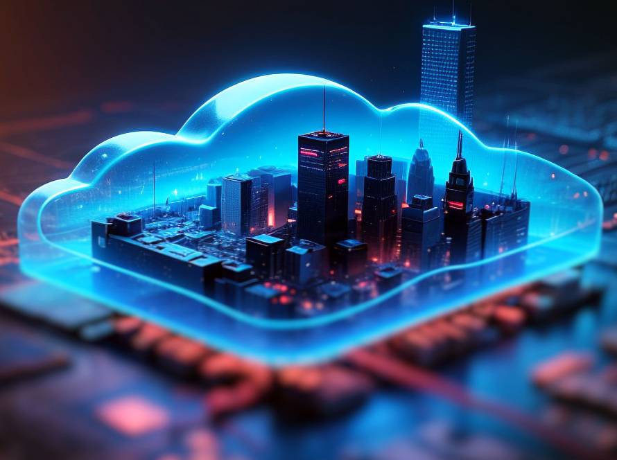 3D city model inside glowing blue cloud on dark circuit board, symbolizing futuristic cloud computing and data storage technology.