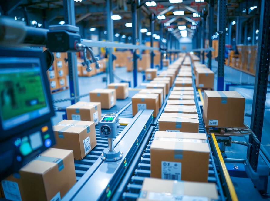 Automated warehouse conveyor with RFID readers scanning cardboard boxes for real-time inventory tracking and efficient logistics.