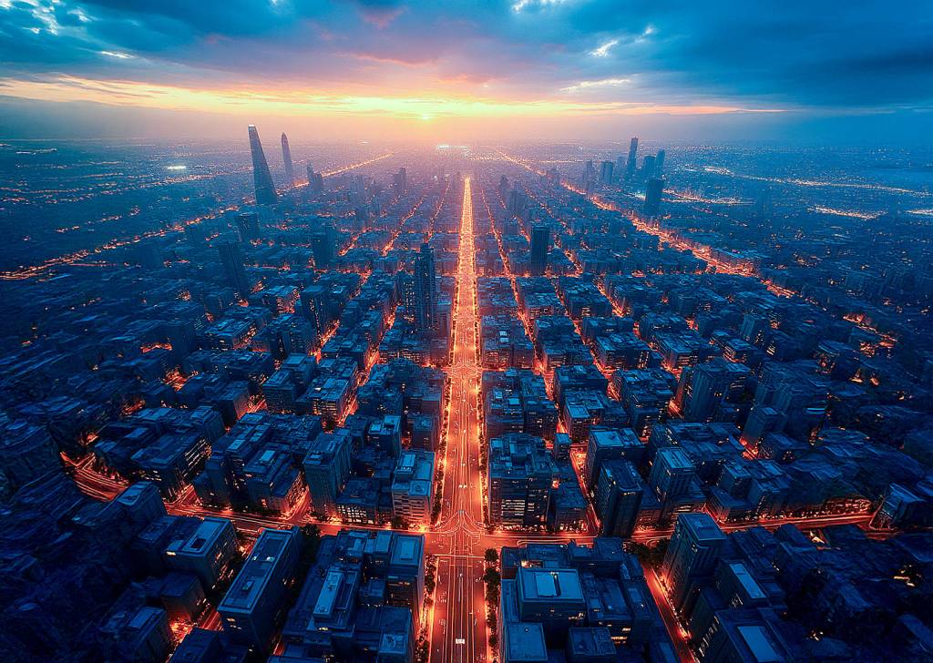 Bird’s-eye view of city at night with glowing orange network lines connecting illuminated buildings under vibrant sunset sky.