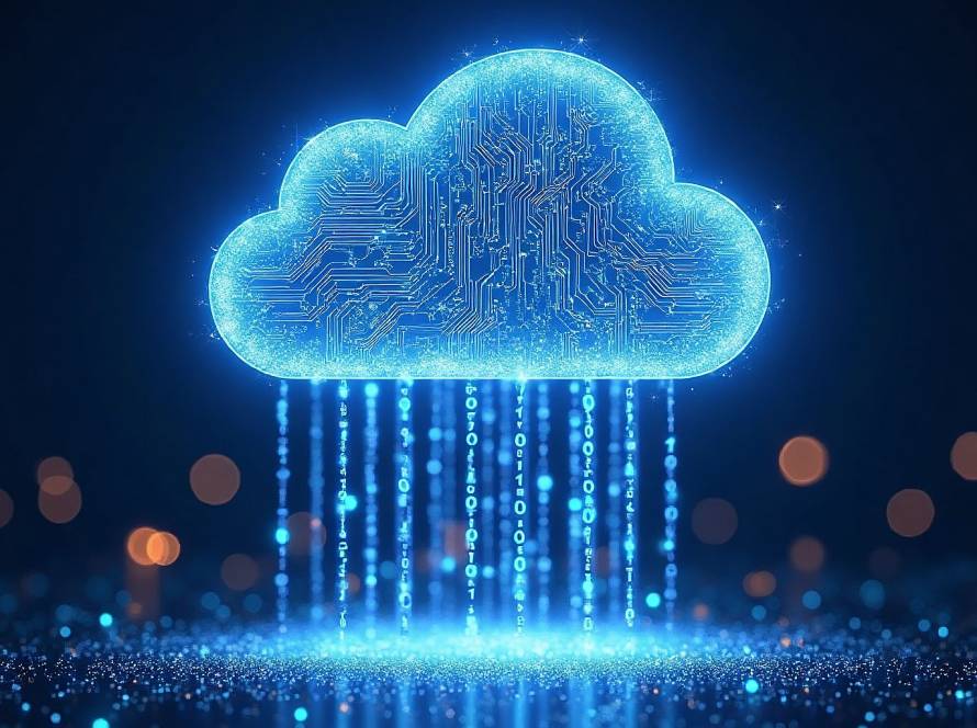 Glowing blue cloud with circuit patterns and cascading binary data on dark background with warm bokeh lights, symbolizing data flow.