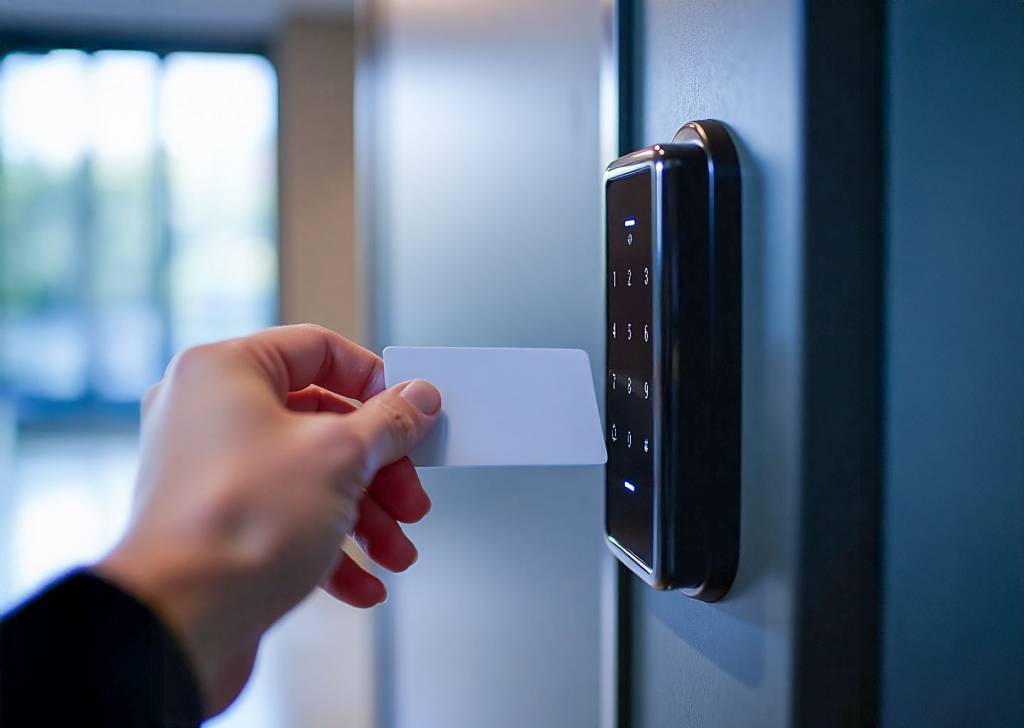 Hand holding white NFC access card near illuminated black keypad on door in bright, modern setting, emphasizing secure entry.