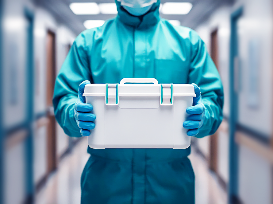 Medical professional in teal protective suit and blue gloves holding white plastic container in clinical facility corridor.