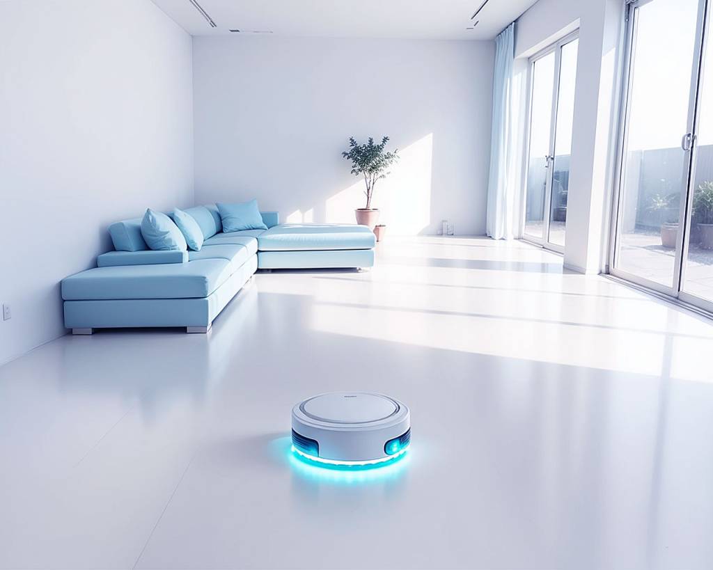 Modern minimalist living room with light-blue sectional sofa and glowing light-blue robot vacuum on shiny white floor.