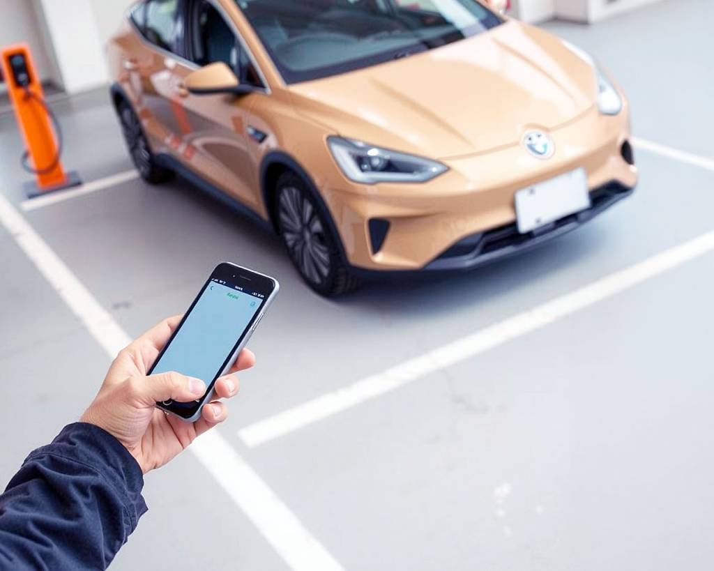 Person in dark jacket using smartphone app in outdoor parking lot with blurred cars and orange charging station in background.