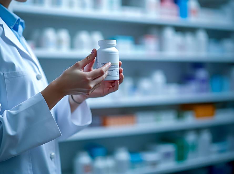 Pharmacist in white coat examining pill bottle label with care in front of well-stocked pharmacy shelf, emphasizing medication safety.