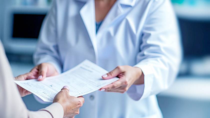 Pharmacist handing prescription paper to older adult at hospital pharmacy counter with blurred background.