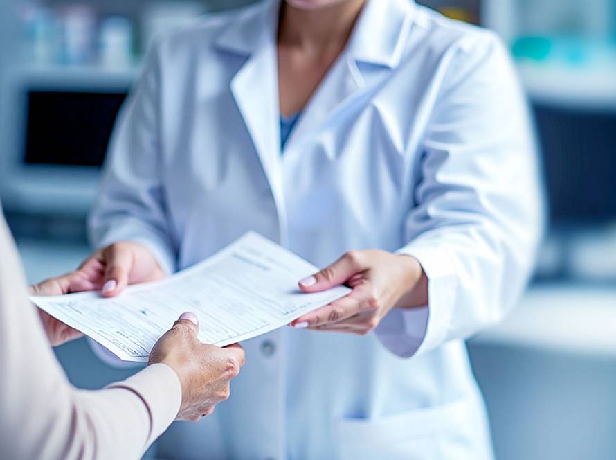 Pharmacist handing prescription paper to older adult at hospital pharmacy counter with blurred background.