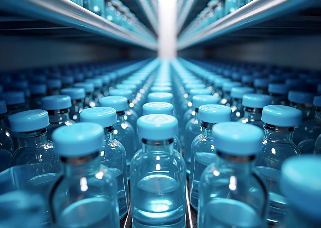 Rows of clear glass vaccine bottles with blue liquid and caps on metal shelves inside bright, organized cold storage unit.