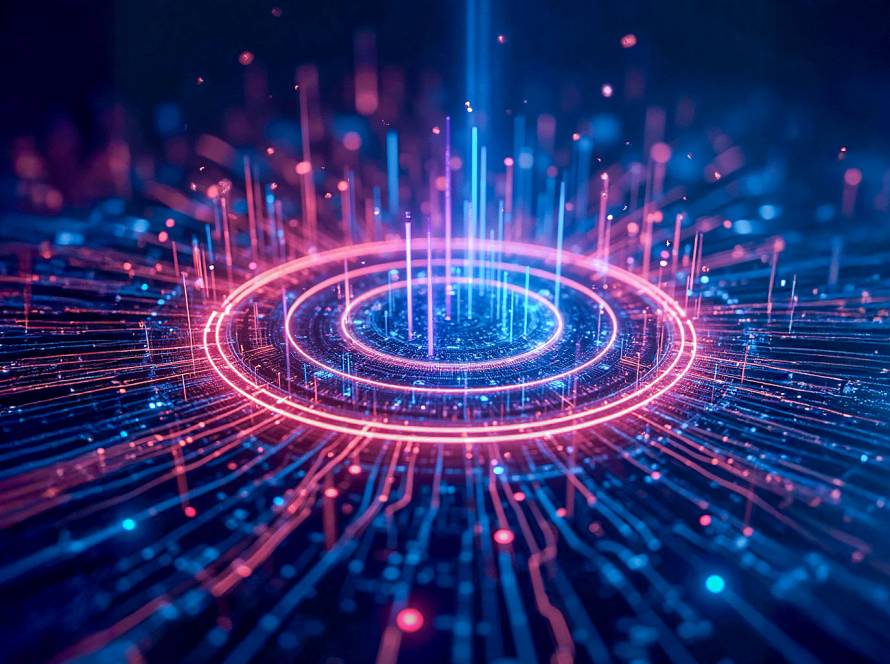 Vibrant circular holographic platform with multicolored glowing lines, data streams, and abstract network patterns in futuristic style.
