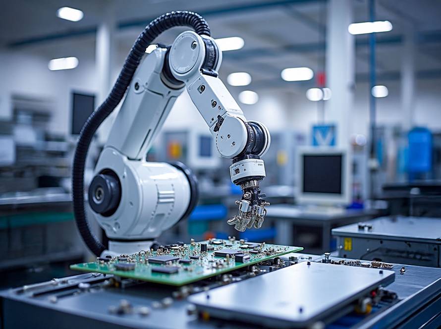 White robotic arm with metallic components assembling circuit board in bright modern factory with blurred machinery background.