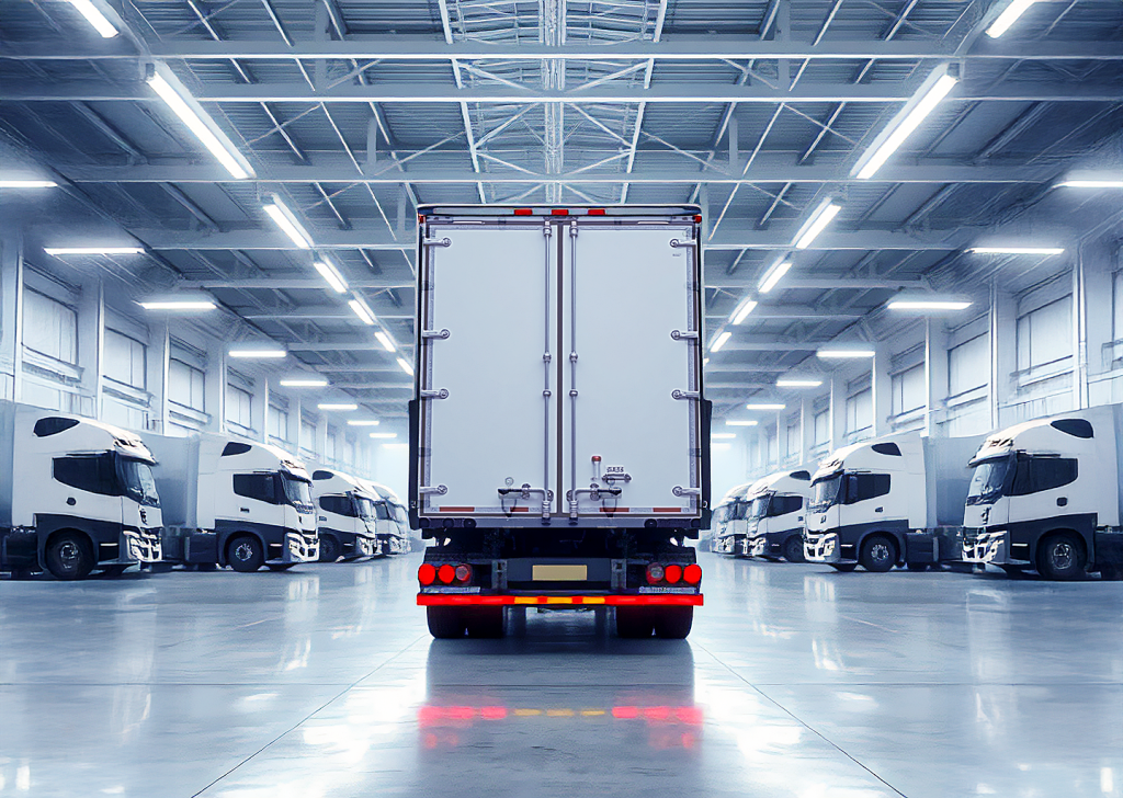 Large white semi-truck trailer centered in bright modern warehouse with polished concrete floor and fluorescent lighting.