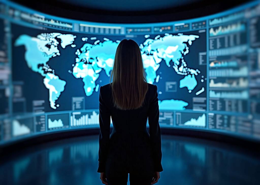 Woman in executive suit stands before large digital display with data visualizations and maps in dimly lit futuristic control room.