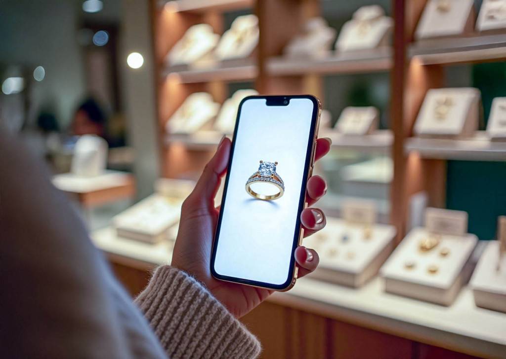 Woman’s hands holding smartphone showing gold diamond engagement ring, with blurred jewelry store shelves and warm golden lighting.