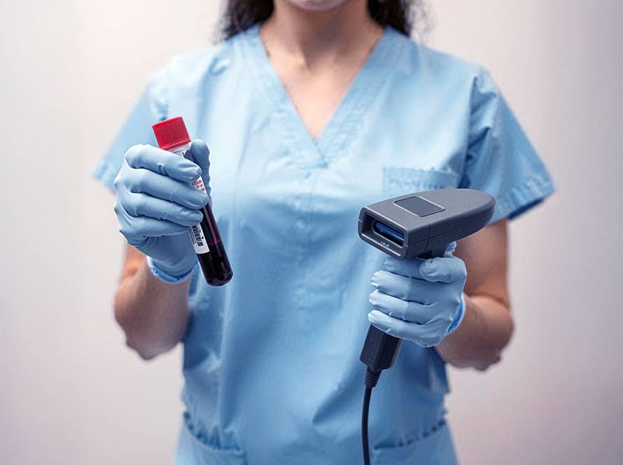 Woman in light-blue scrubs and gloves scanning blood sample tube with barcode scanner in bright clinical lab setting.