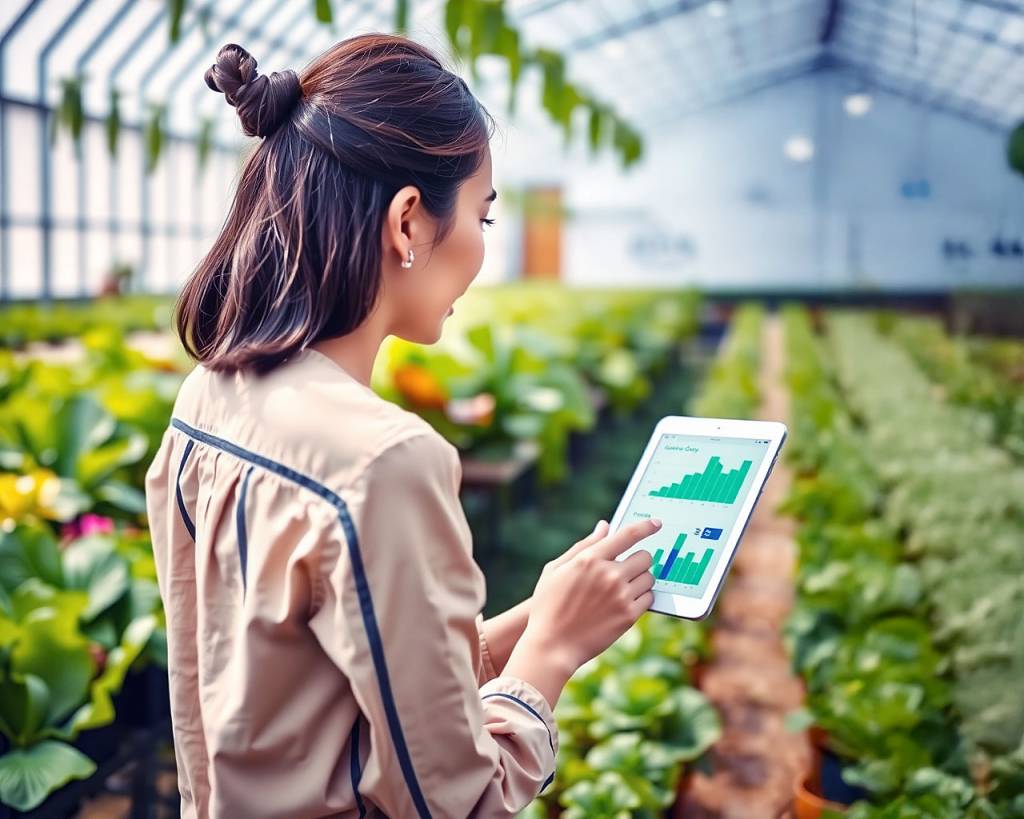 Young Asian woman in striped shirt using tablet to analyze plant growth data in bright greenhouse with leafy greens.