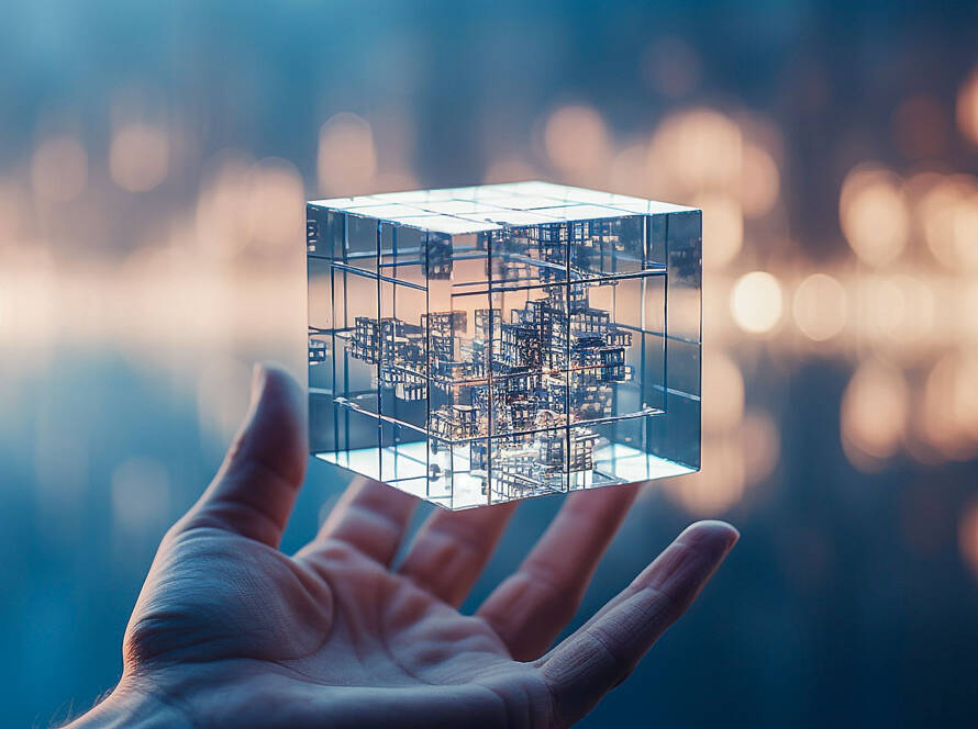Light-skinned hand gently holding transparent cube filled with intricate, translucent network structures against warm bokeh background.