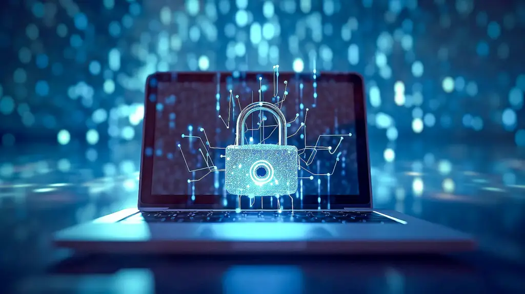 Silver laptop with glowing light-blue padlock and circuit board graphics on screen, surrounded by blue bokeh background.
