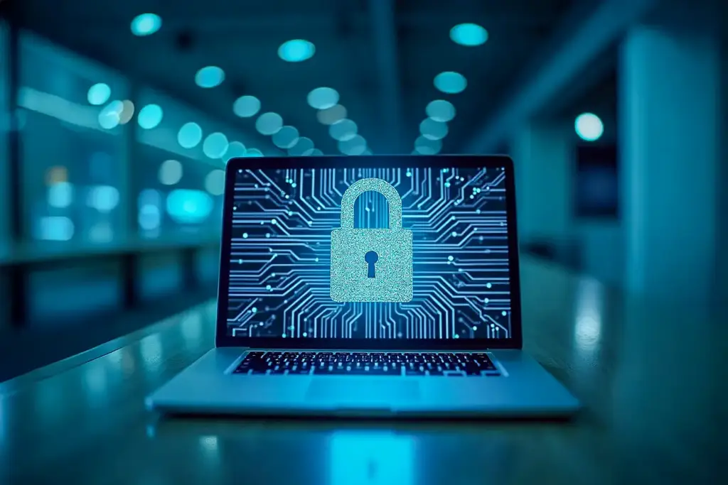 Silver laptop with glowing light-blue padlock and circuit board graphics on screen, surrounded by blue bokeh background.