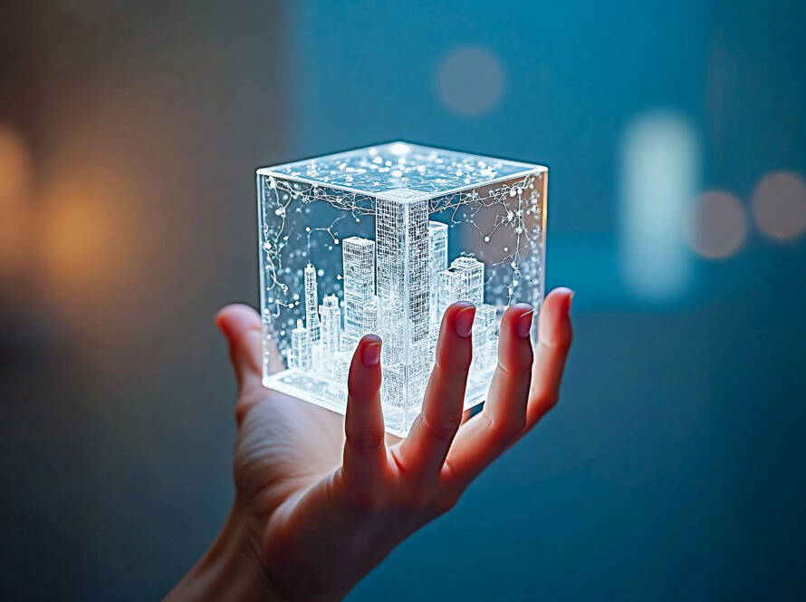 Light-skinned hand gently holding transparent cube filled with intricate, translucent network structures against warm bokeh background.
