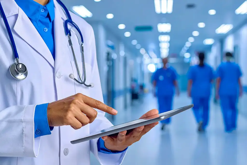 Healthcare professional in white lab coat and blue scrubs with tablet, gesturing in bright corridor; stethoscope and blurred staff in background.