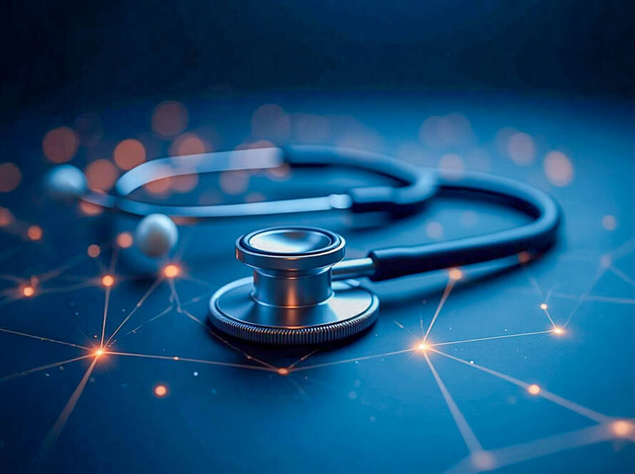 Metallic silver stethoscope on dark background with glowing blue and orange network lines; reflective, modern, and futuristic medical scene.